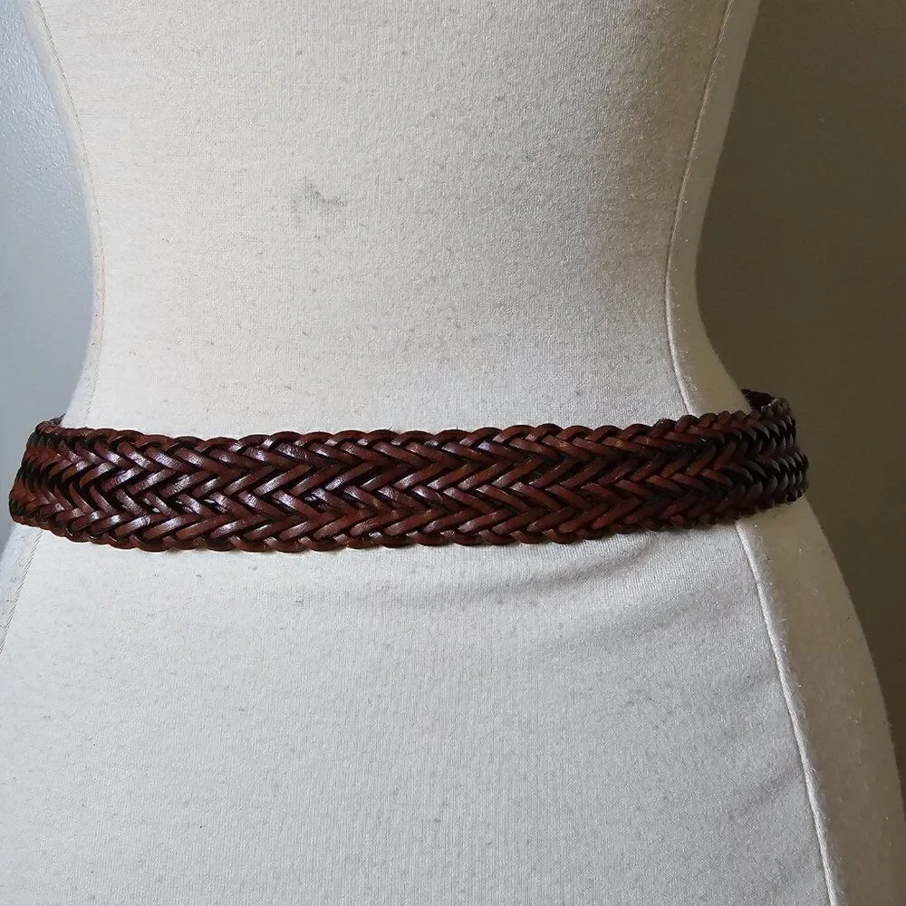 EUC VINTAGE DKNY 103065 BROWN GENUINE LEATHER BRAIDED STAMPED BRASS BELT L WMNS